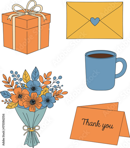 A collection of gifts and greetings featuring flowers a gift box a coffee mug and a thank you card