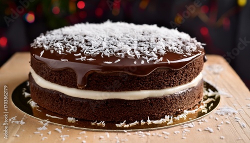 A Decadent Chocolate Cake With Dark And White Cream Layered Inside Elegantly Drizzled In Glaze And Topped With Coconut