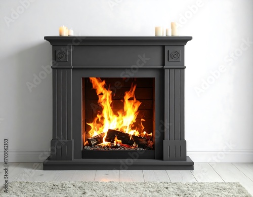 Dark gray fireplace with a roaring fire