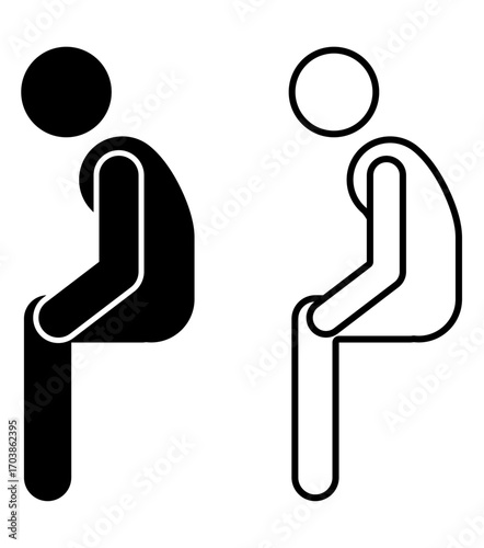 Black and white pictogram of a person slouching while seated, in solid and line art. Useful for posture correction, workplace health awareness, and educational illustrations about back care.