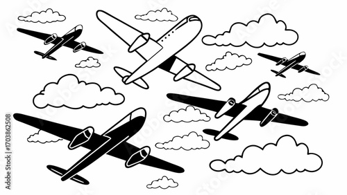 Illustration of several airplanes flying in the sky surrounded by fluffy white clouds in monochrome style created with generated ai 