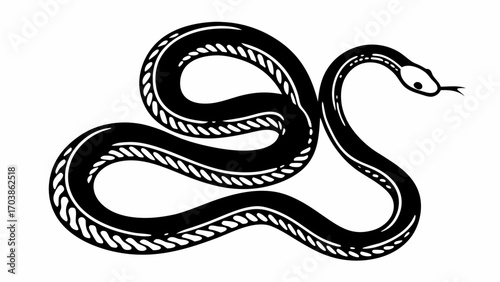 Illustration of a black snake coiled with detailed pattern along its body and a forked tongue out 100char created with generated ai 