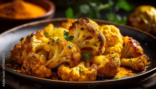 A Close Up Of Turmeric Roasted Cauliflower Captured In Cinematic Lighting With Lifelike Colors Vibrant Textures And Natural Reflections That Enhance The Beauty And Realism Of The Dish