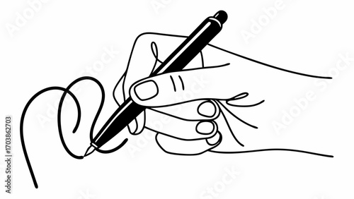 Hand holding a pen and writing a scribble on a white surface in a black and white illustration created with generated ai 