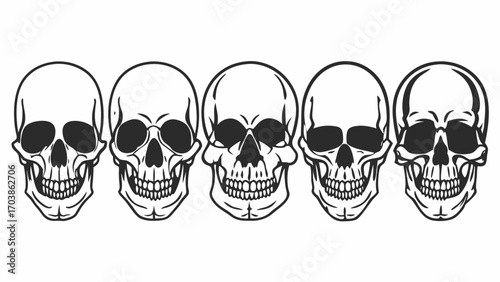 Illustration of five black and white skulls in a row graphic design halloween themed image art piece created with generated ai 
