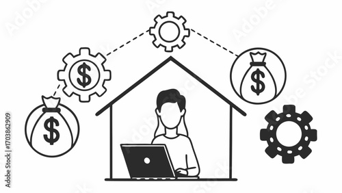 Person working on laptop at home with money bags and gears representing remote work and income generation created with generated ai 