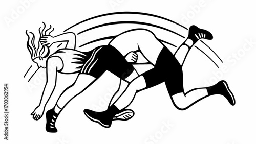 Two wrestlers engaged in a takedown maneuver with dynamic lines suggesting movement and action shown created with generated ai 