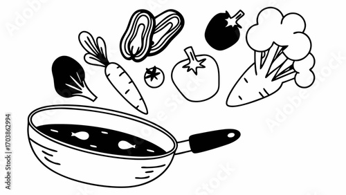 Outline drawing of vegetables falling into a pan with fish, representing cooking and healthy eating created with generated ai 