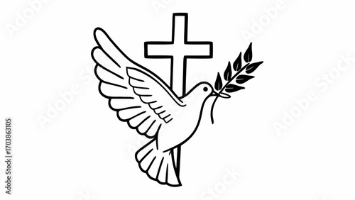Dove carrying olive branch with cross in background in black and white outline drawing design style created with generated ai 