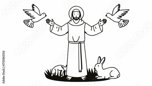 Illustration of a man with arms outstretched surrounded by animals and two flying doves above him created with generated ai 