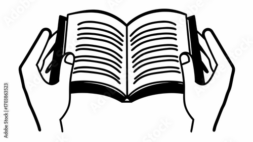 Hands holding an open book with lines of text on pages in a black and white illustration style image created with generated ai 