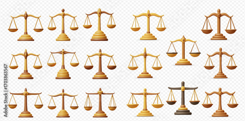 Collection of golden scales of justice in various styles, symbolizing law and fairness.