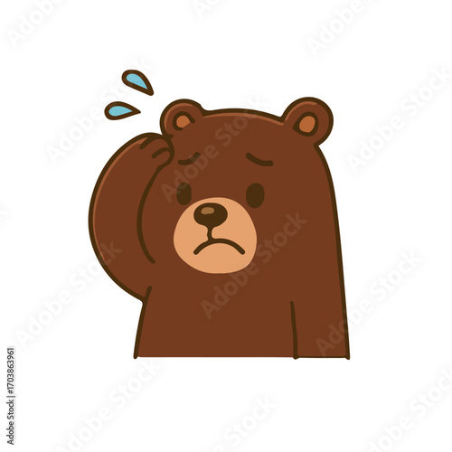 Cute bear cartoon sad expression. Adorable brown bear animal worried face. Funny bear mascot confused illustration.