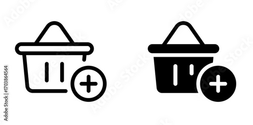 Add to shopping basket icon. Shopping basket and plus sign