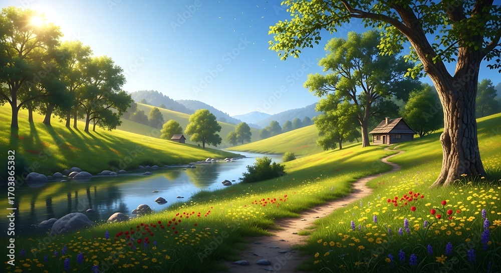 Obraz premium Serene River Valley Landscape with Cabin.