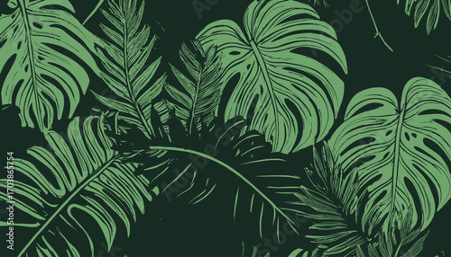 A serene and dense foliage pattern of tropical jungle leaves, featuring monstera and palm fronds in a stylish green vector