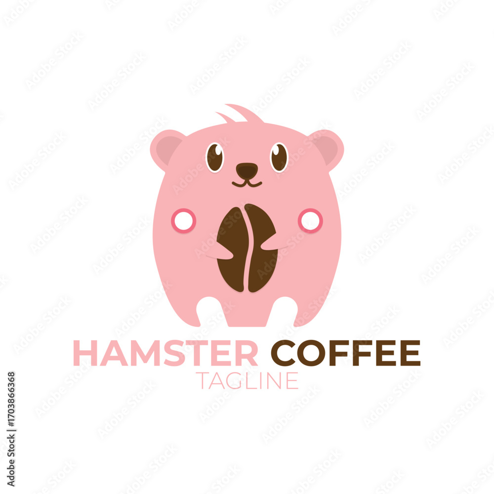 Naklejka premium Logo cute Hamster Holding the coffee beans Cartoon Vector Icon Illustration. Animal Nature Icon Concept Isolated Premium Vector. Flat Cartoon Style. logo template for coffee&nbsp;shop&nbsp;and&nbsp;cafe.