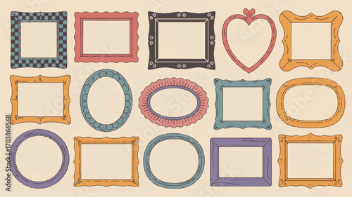 Vector art of collection of decorative vintage picture frames in various shapes and colors