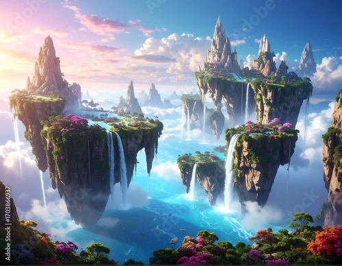 Floating islands in a vibrant fantasy landscape