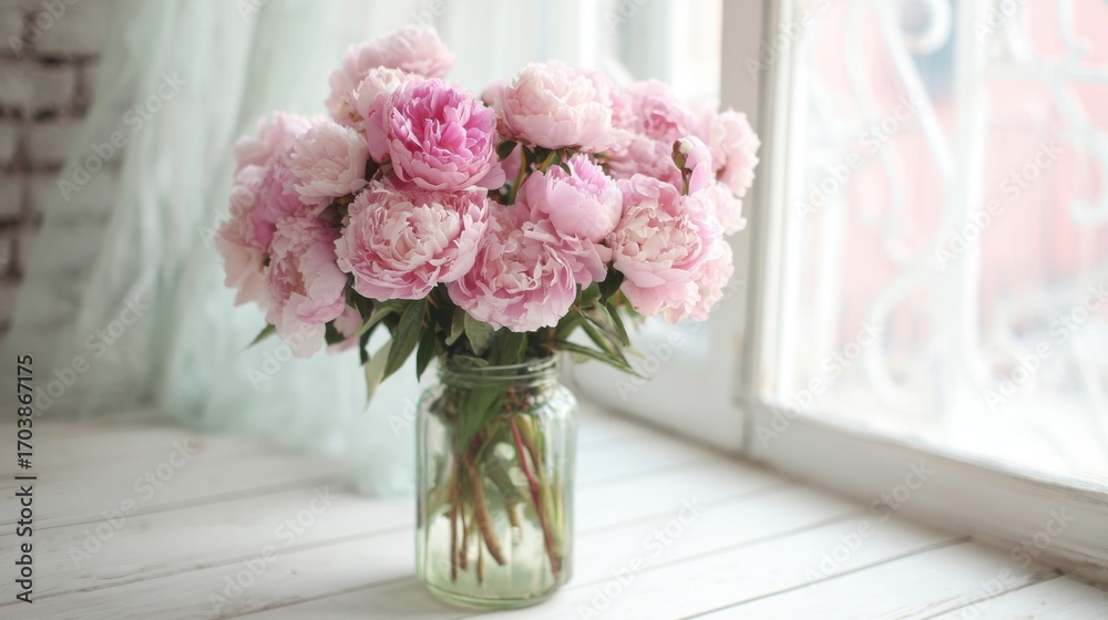 Fototapeta premium A vibrant bouquet of soft pink peonies is displayed in a clear glass jar, capturing natural light from a nearby window in a rustic indoor space.