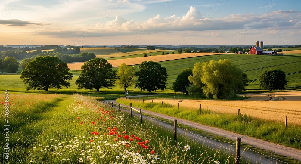 Obraz premium Serene Countryside Landscape with Rolling Hills and Farmland.