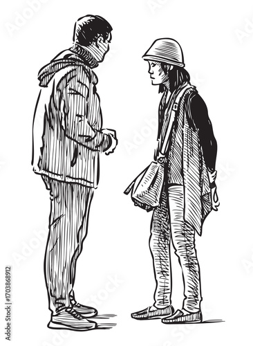 Couple casual towns people standing on city street and talking, realistic sketch, profile, vector hand drawn illustration on white background