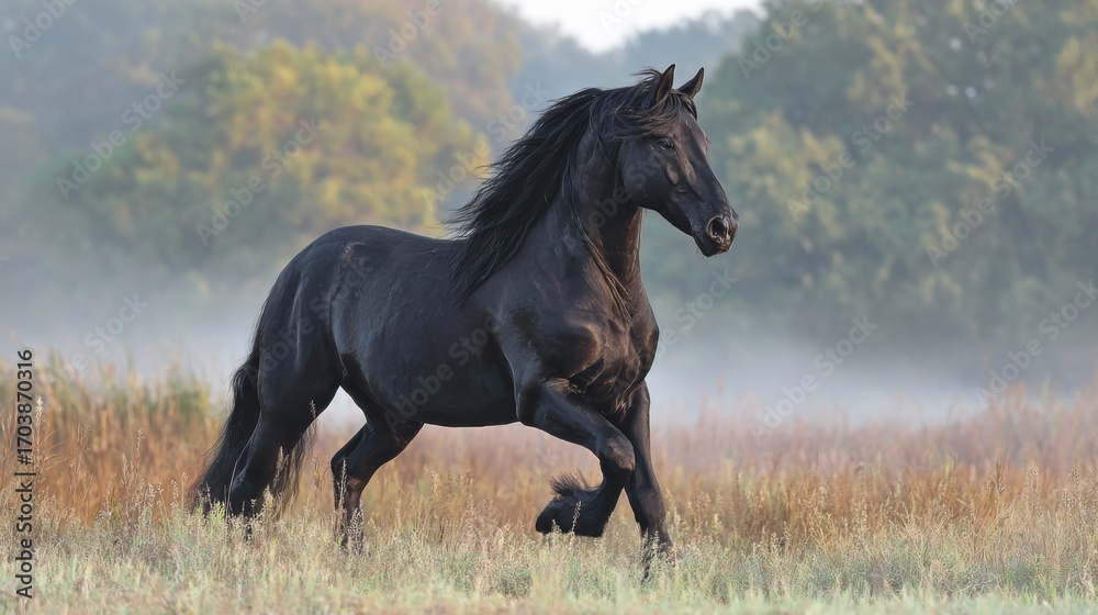 Fototapeta premium A powerful black horse runs freely across a mist-covered meadow, enjoying the freedom of a tranquil morning. Lush greenery surrounds the area, creating a serene atmosphere.