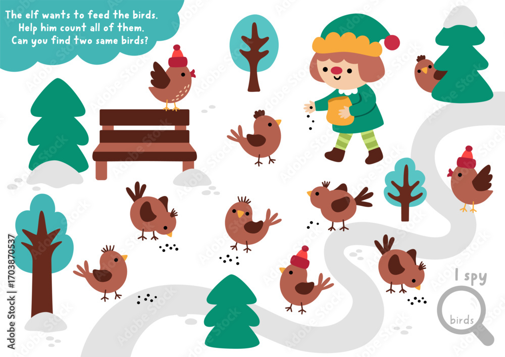 Naklejka premium Counting seek and find activity with elf feeding sparrows in snowy park. Find two same birds. Christmas matching, I spy printable game for children. Winter holiday educational quiz worksheet for kids
