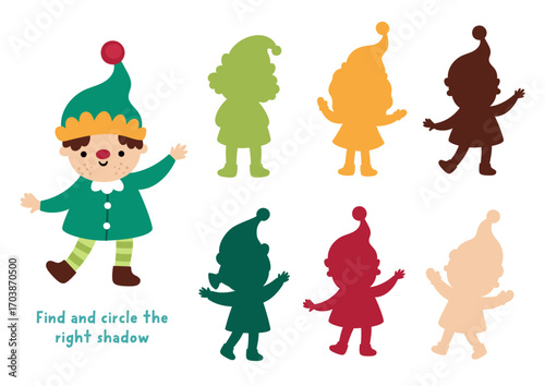 Christmas village shadow matching activity with cute elf. Winter holiday puzzle with traditional character. New Year find correct silhouette printable worksheet, game
