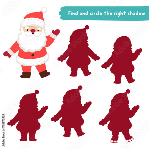 Christmas village shadow matching activity with cute Santa Claus. Winter holiday puzzle with traditional character. New Year find correct silhouette printable worksheet, game