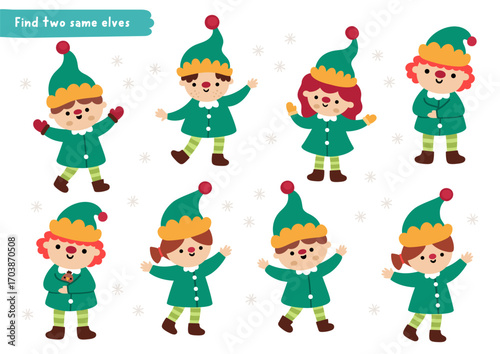 Find two same elves. Christmas matching activity for children. Winter holiday educational quiz worksheet for kids for attention skills. New Year printable game with cute dwarfs