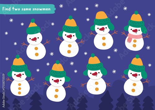 Find two same snowmen. Christmas matching activity for children. Winter holiday educational quiz worksheet for kids for attention skills. New Year printable game with cute night snowy scene