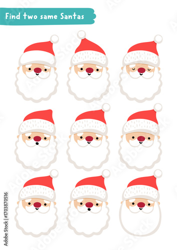 Find two same Santas. Christmas matching activity for children. Winter holiday educational quiz worksheet for kids for attention skills. New Year printable game with cute Santa Claus head