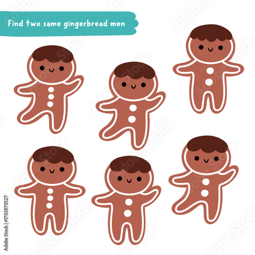 Find two same gingerbread men. Christmas matching activity for children. Winter holiday educational quiz worksheet for kids for attention skills. New Year printable game with cute character