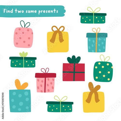 Find two same presents. Christmas matching activity for children. Winter holiday educational quiz worksheet for kids for attention skills. New Year printable game with cute gift boxes