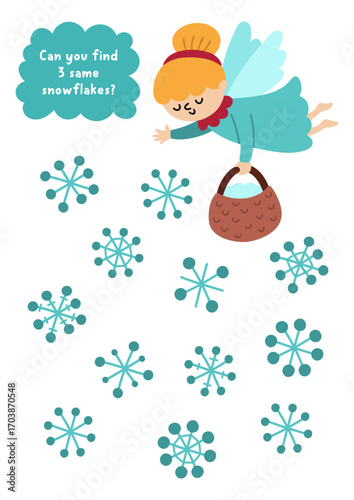 Find three same snowflakes men. Christmas matching activity for children. Winter holiday educational quiz worksheet for kids with angel and snowfall. New Year printable game with cute character