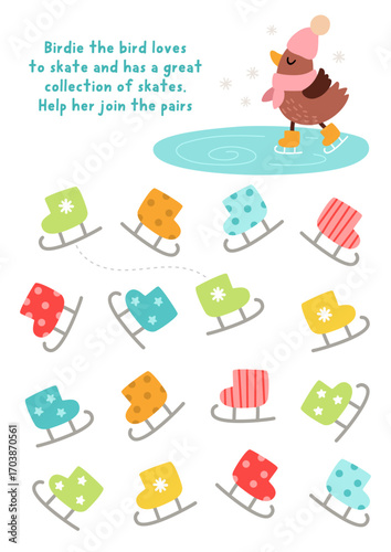 Join pairs of skates. Christmas matching activity for children. Winter holiday educational quiz worksheet for kids for attention skills. Printable game with cute skating bird on ice ring