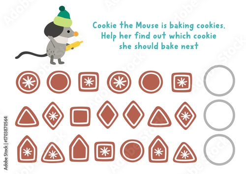 What comes next. Christmas logical activity for preschool children with cute mouse and gingerbread cookies. Winter holiday logic succession worksheet. Continue the row game with biscuits