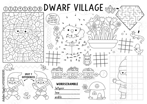 Vector dwarf village placemat for kids. Forest gnome printable activity mat with maze, tic tac toe charts, connect the dots, find difference. Woodland elf black and white play mat or coloring page