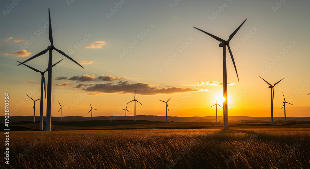 Obraz premium wind turbines on a field during golden sunset