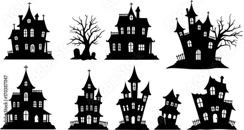 Halloween haunted houses silhouette vector set spooky mansion creepy building scary architecture collection
