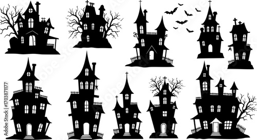 Halloween haunted houses silhouette vector set spooky mansion creepy building scary architecture collection
