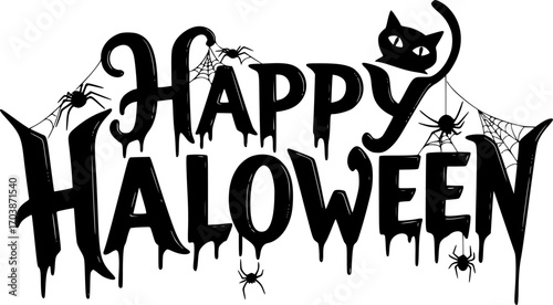 Halloween horizontal banner with vector logo. The inscription with ominous tree branches, bats and a pretty witch on a background of the full moon.
