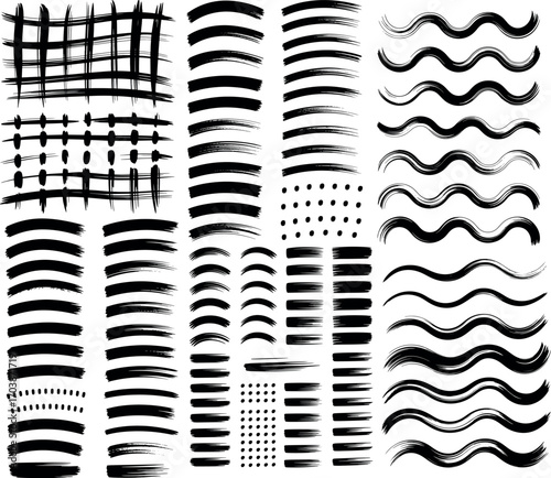 Collection of Various Hand Drawn Ink Brush Strokes and Elements in Black and White for Design Projects