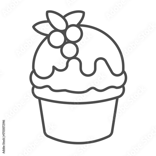 Ice cream with chocolate glaze and berries thin line icon, desert sweets concept. Vector graphics. Icecream in waffle cup sign on white background, outline style icon for mobile or web design.