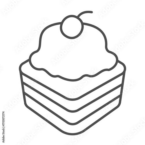 Puff pastry thin line icon, desert sweets concept. Vector graphics. Fresh cupcake with cream and cherry sign on white background, outline style icon for mobile or web design.