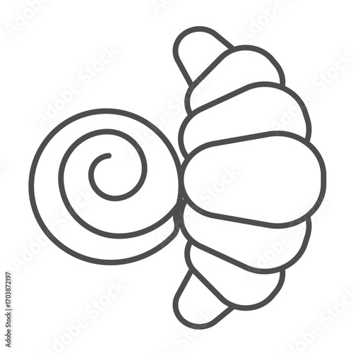 Puff croissant thin line icon, desert sweets concept. Vector graphics. Sweet bun with poppy seeds sign on white background, outline style icon for mobile or web design.