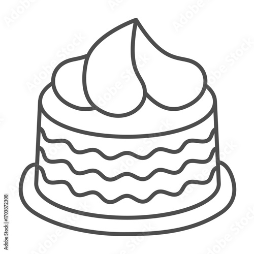 Chocolate candy with cream and layers of milk chocolate thin line icon, desert sweets concept. Vector graphics. Candy sign on white background, outline style icon for mobile or web design.