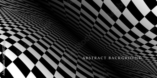 Abstract geometric checkered optical illusion background with perspective. Squared mosaic tile floor infinity futuristic copy space. Black and white design