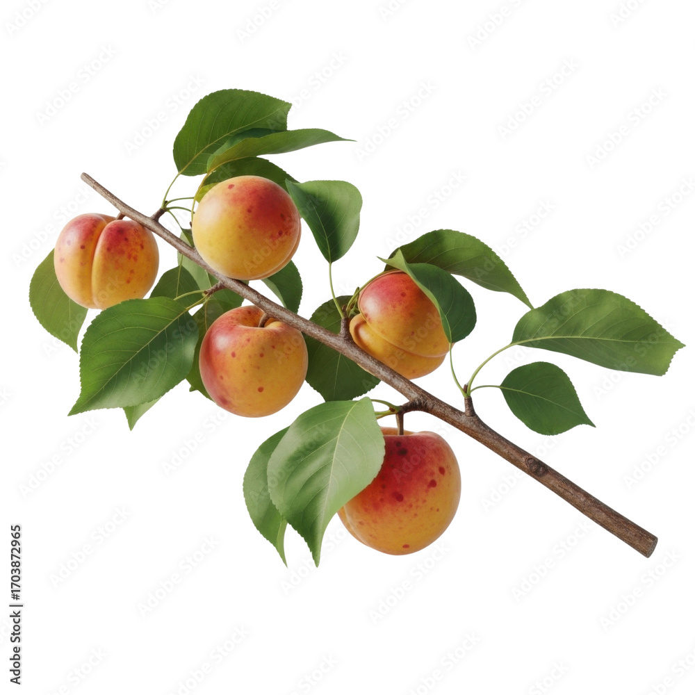 Obraz premium Ripe apricots hanging on a branch with green leaves on a transparent background 